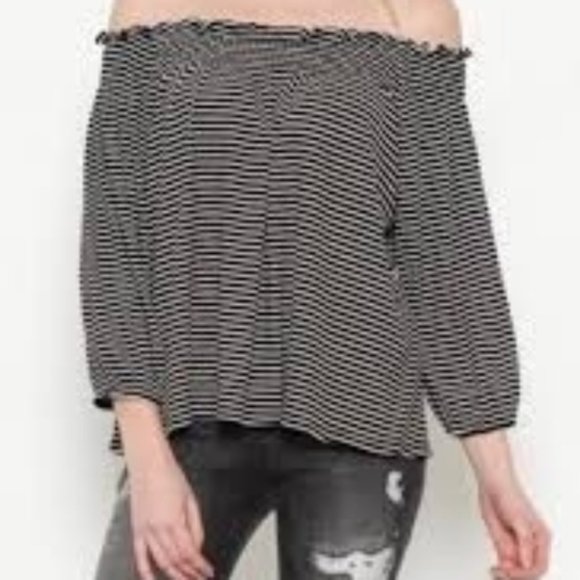 American Eagle Outfitters Off the Shoulder Black and White Striped Blouse - Picture 12 of 12